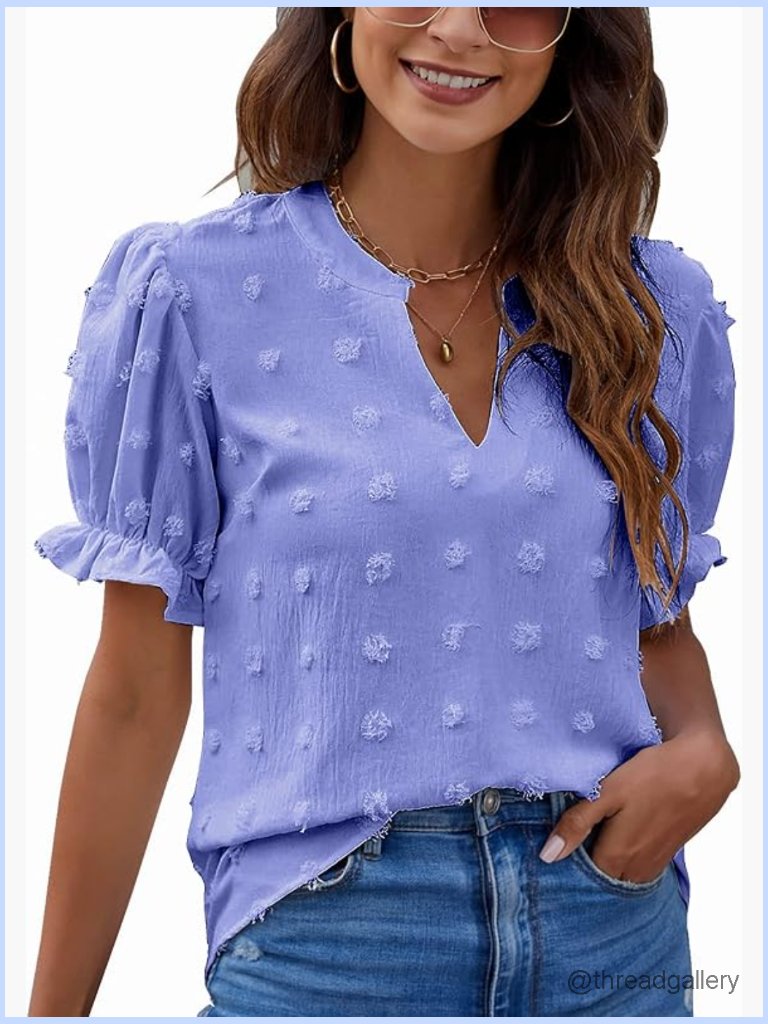 Swiss Dot Puff Sleeve V-Neck Chiffon Blouse Work Top